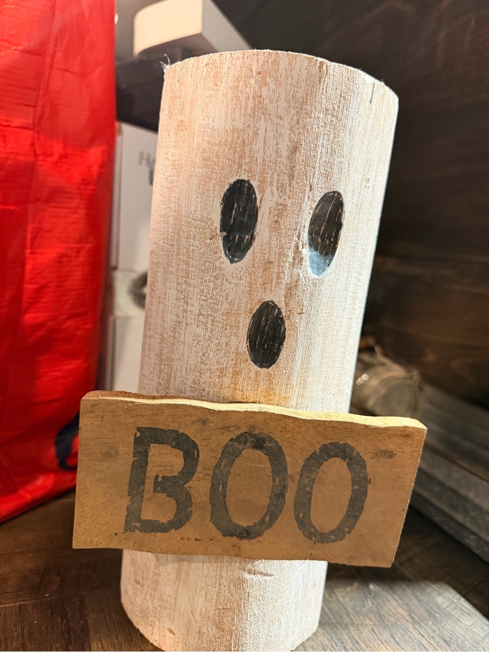 Wooden Boo Ghost Decoration votive holder - White & Brown